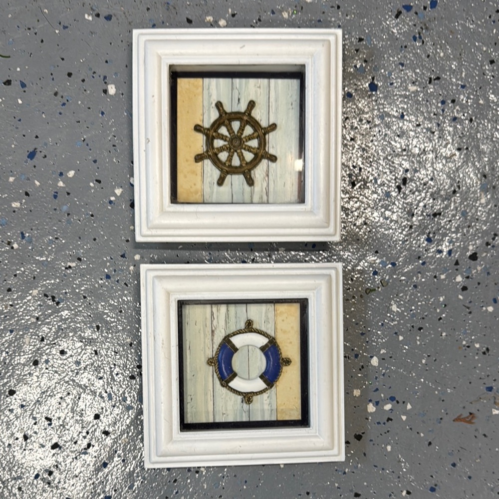 Nautical Wall Art Set with White Frames Decor Decorative Ships Wheel Preserver
